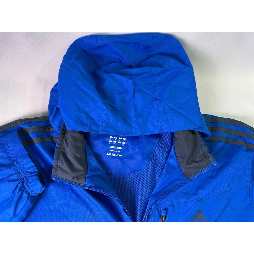 Adidas Mens M Running Jacket Blue Gray Hooded‎ Full Zip 3-Stripe Athletic